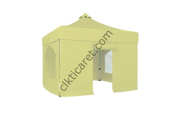 CLK 3x3 40mm Alüminyum Katlanabilir Tente Gazebo Çadır 4 Yan Kapalı 2 Camlı 1Kapılı Tam Duvarlı Krem