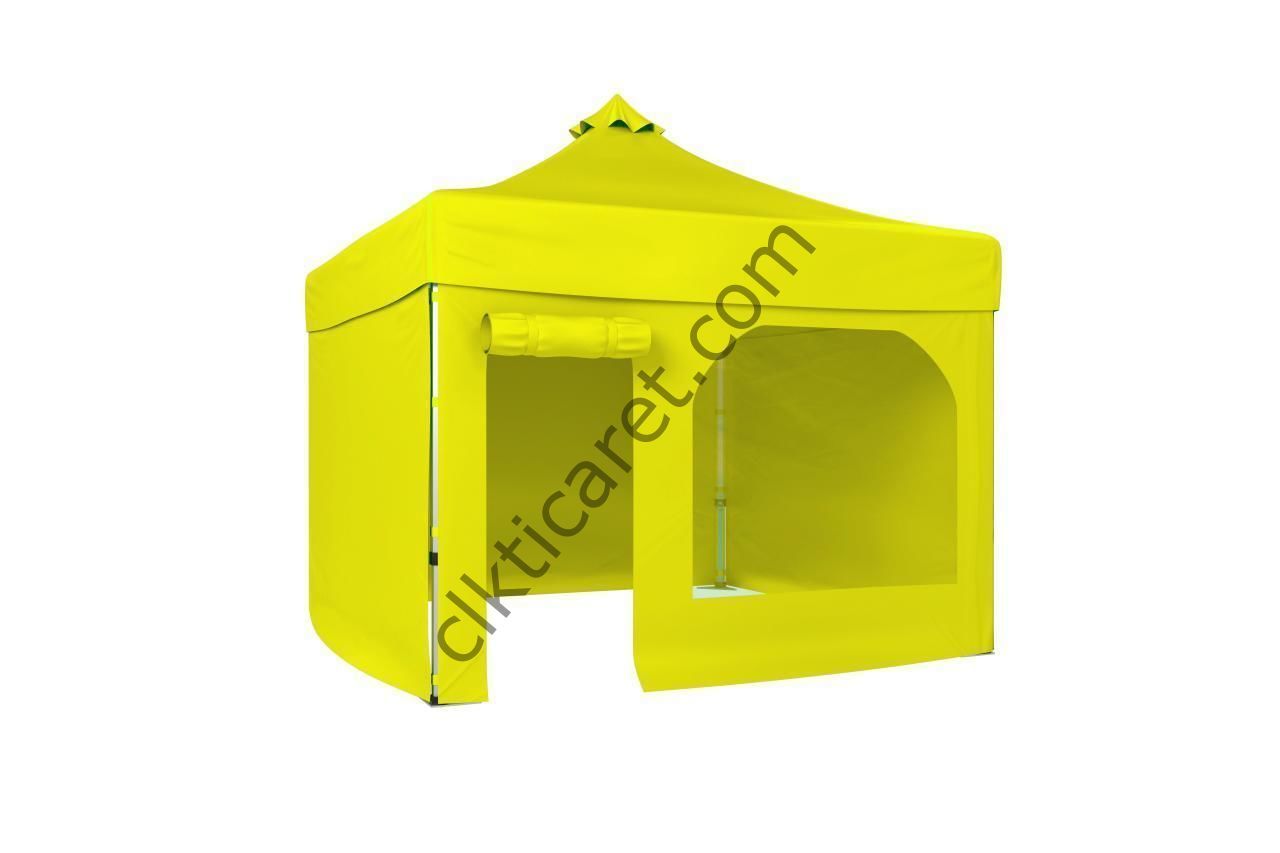 CLK 5x5 52mm Kalın Alüminyum Katlanabilir Tente Gazebo Çadır 3 Kenar Kapalı 1 Yan Kapı ve Pencereli Sarı