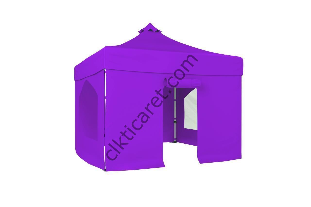 CLK 3x3 40mm Alüminyum Katlanabilir Tente Gazebo Çadır 4 Yan Kapalı 2 Camlı 1Kapılı Tam Duvarlı Lila