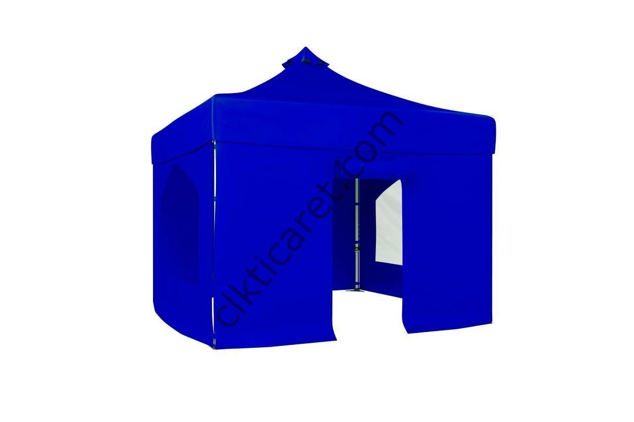 CLK 3x3 40mm Alüminyum Katlanabilir Tente Gazebo Çadır 4 Yan Kapalı 2 Camlı 1Kapılı Tam Duvarlı Saks Mavi
