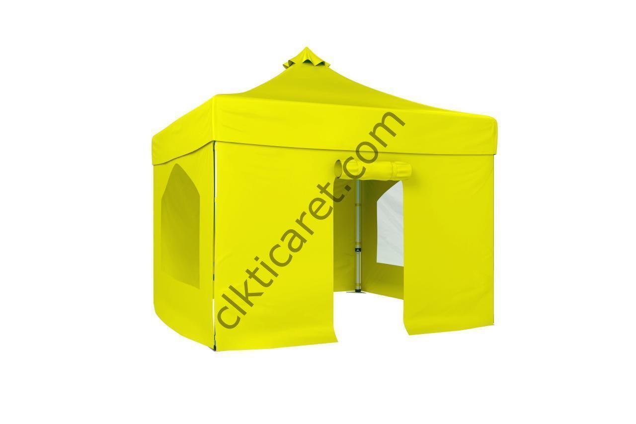 CLK 3x3 40mm Alüminyum Katlanabilir Tente Gazebo Çadır 4 Yan Kapalı 2 Camlı 1Kapılı Tam Duvarlı Sarı