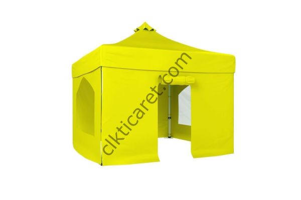 CLK 3x3 40mm Alüminyum Katlanabilir Tente Gazebo Çadır 4 Yan Kapalı 2 Camlı 1Kapılı Tam Duvarlı Sarı