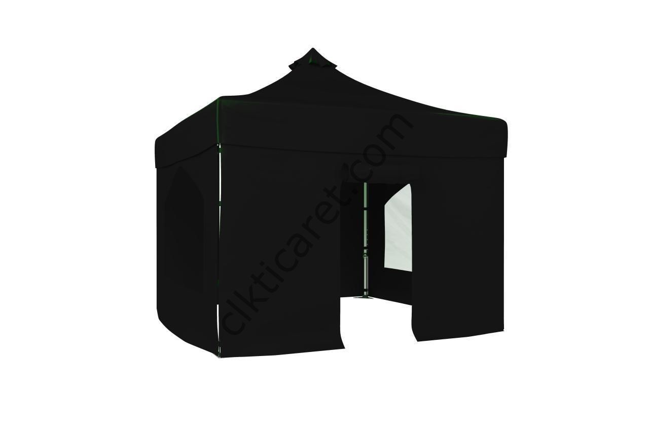 CLK 3x3 40mm Alüminyum Katlanabilir Tente Gazebo Çadır 4 Yan Kapalı 2 Camlı 1Kapılı Tam Duvarlı Siyah