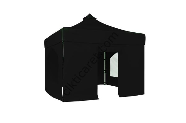 CLK 3x3 40mm Alüminyum Katlanabilir Tente Gazebo Çadır 4 Yan Kapalı 2 Camlı 1Kapılı Tam Duvarlı Siyah