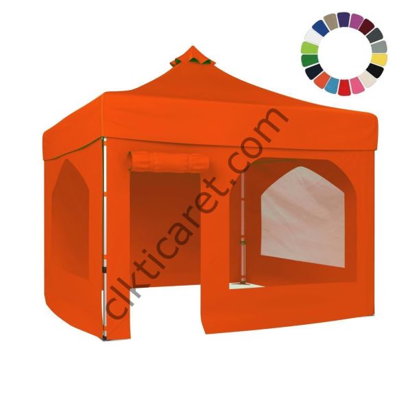 CLK 5x5 52mm Kalın Gazebo Katlanabilir Tente Gazebo Çadır 2 Yan Pencereli 1 Yan Aksesuarsız 1 Yan Kapı ve Pencereli Turuncu
