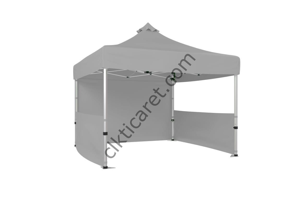 CLK 3x3 40mm Alüminyum Katlanabilir Tente Gazebo Çadır 2 Yarım Duvar 1 Tam Duvarlı Açık Gri