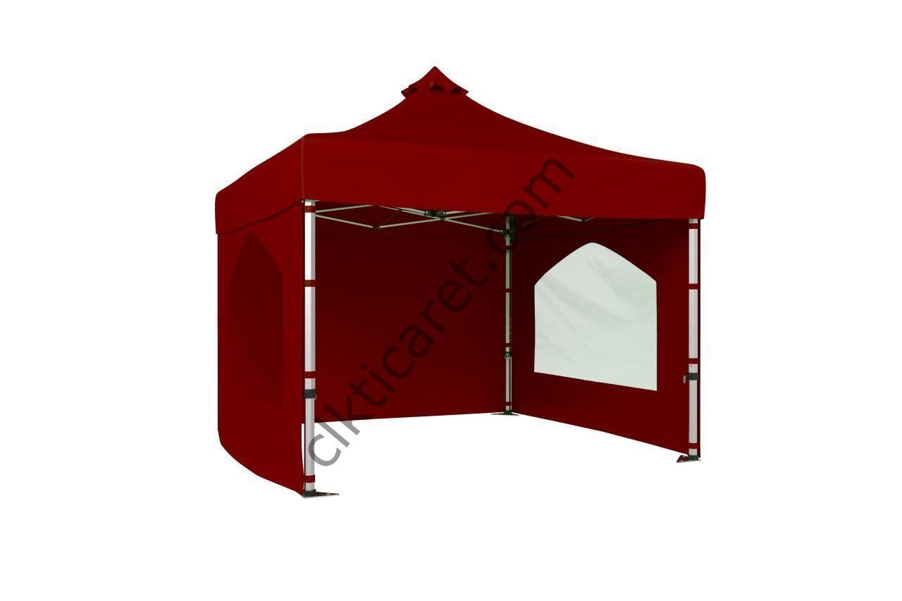 CLK 3x3 40mm Alüminyum Katlanabilir Tente Gazebo Çadır 3 Kenar Kapalı 2 Camlı Bordo