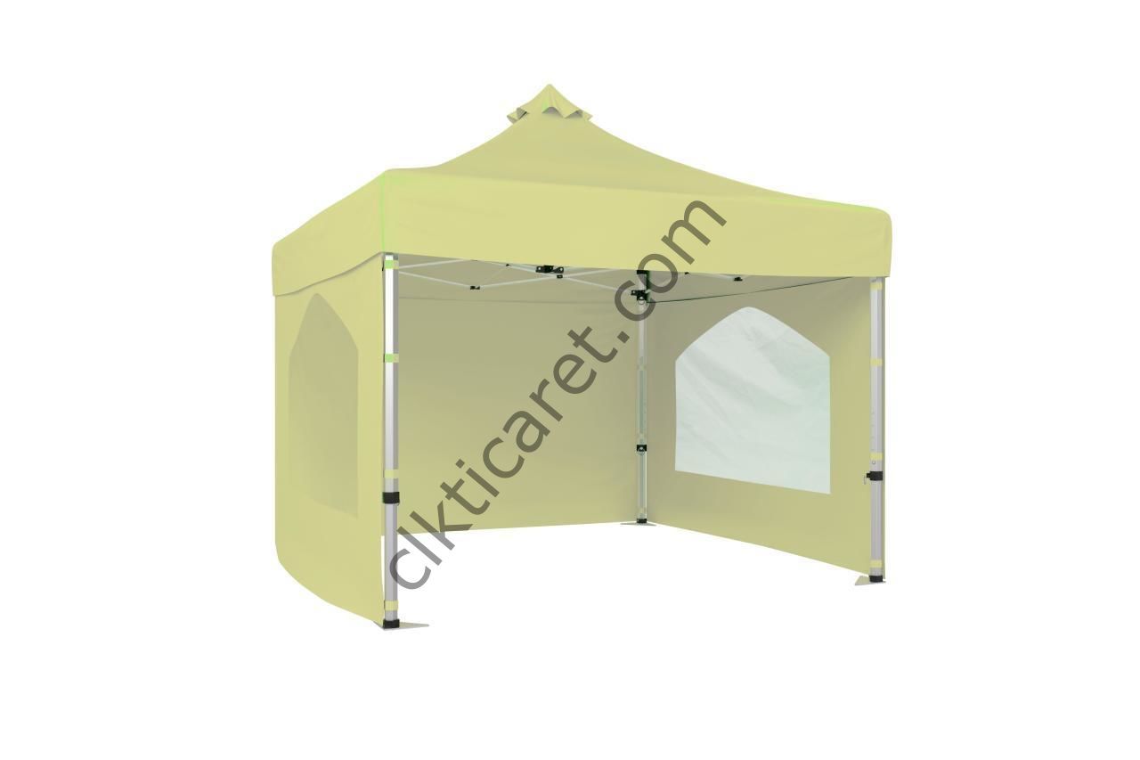 CLK 3x3 40mm Alüminyum Katlanabilir Tente Gazebo Çadır 3 Kenar Kapalı 2 Camlı Krem