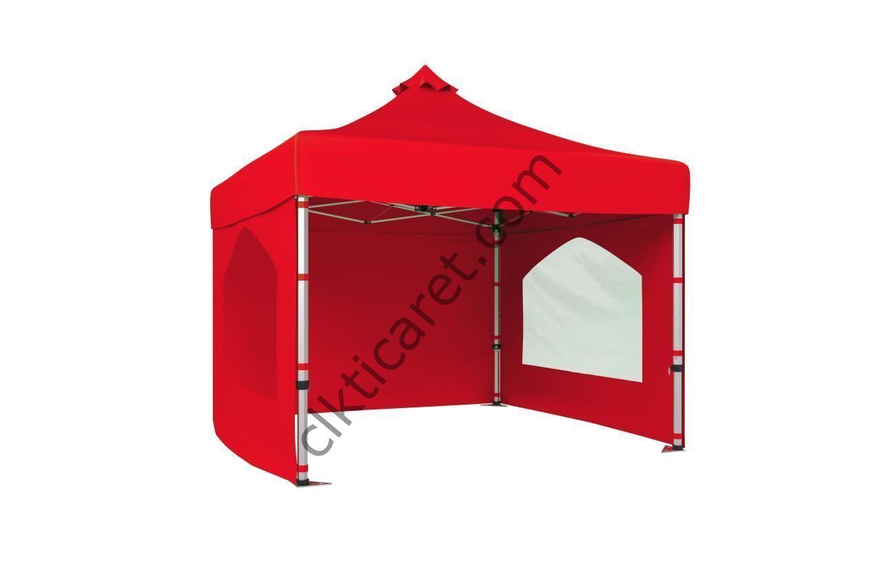 CLK 3x3 40mm Alüminyum Katlanabilir Tente Gazebo Çadır 3 Kenar Kapalı 2 Camlı Kırmızı