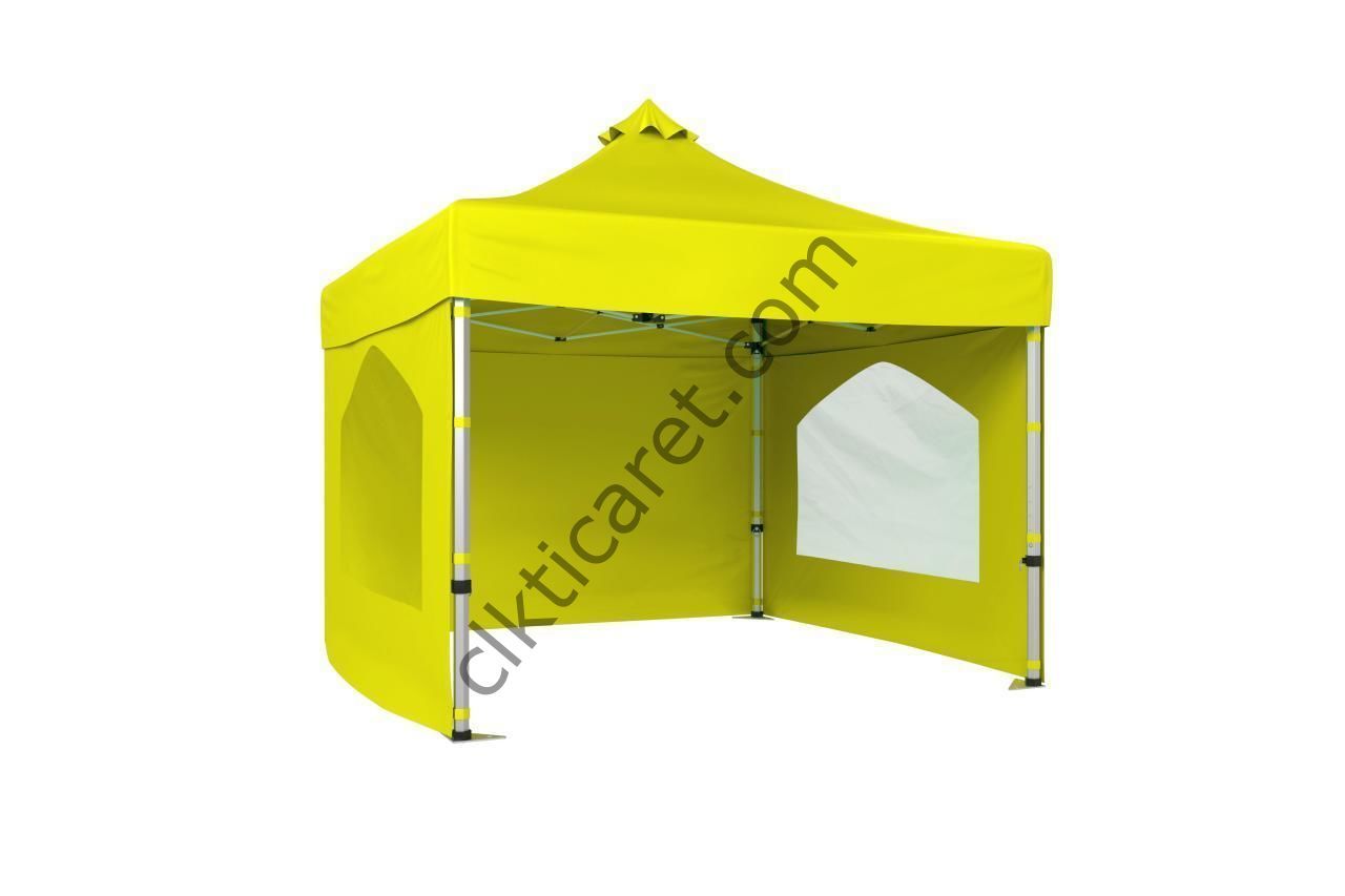 CLK 3x3 40mm Alüminyum Katlanabilir Tente Gazebo Çadır 3 Kenar Kapalı 2 Camlı Sarı