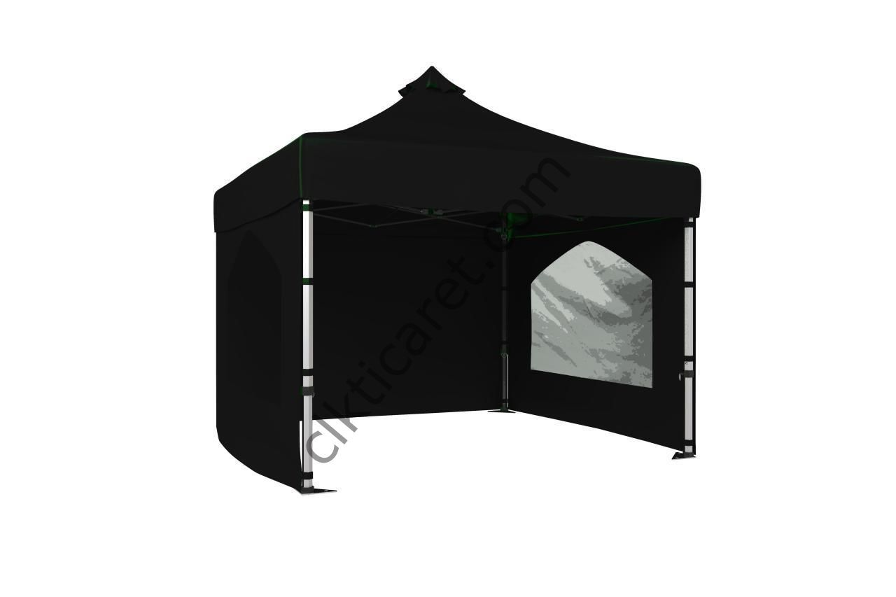 CLK 3x3 40mm Alüminyum Katlanabilir Tente Gazebo Çadır 3 Kenar Kapalı 2 Camlı Siyah