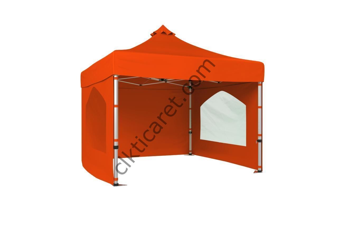 CLK 3x3 40mm Alüminyum Katlanabilir Tente Gazebo Çadır 3 Kenar Kapalı 2 Camlı Turuncu