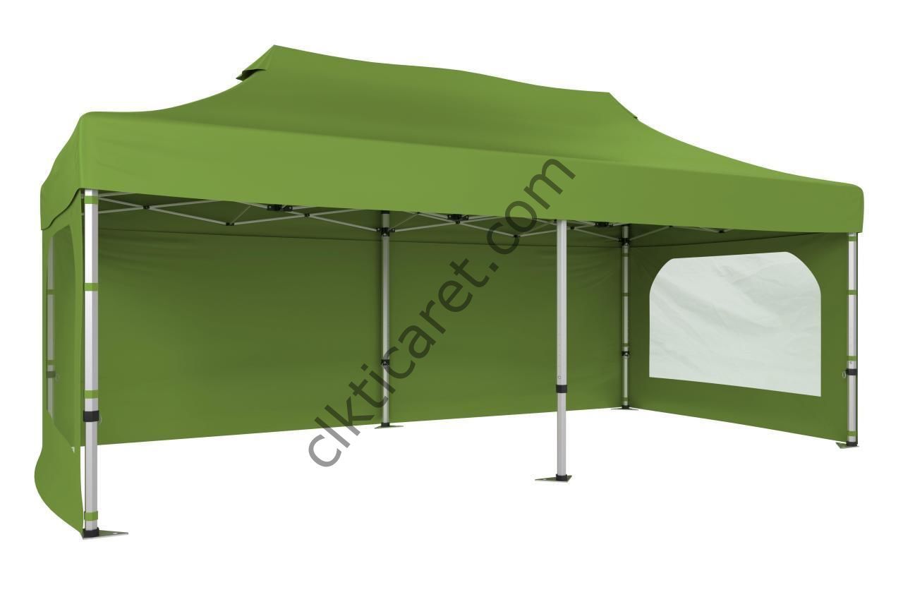 CLK 3x6 52mm Kalın Alüminyum Katlanabilir Tente Gazebo Çadır 3 Yan Duvarlı 2 Pencereli Haki Askeri Yeşil