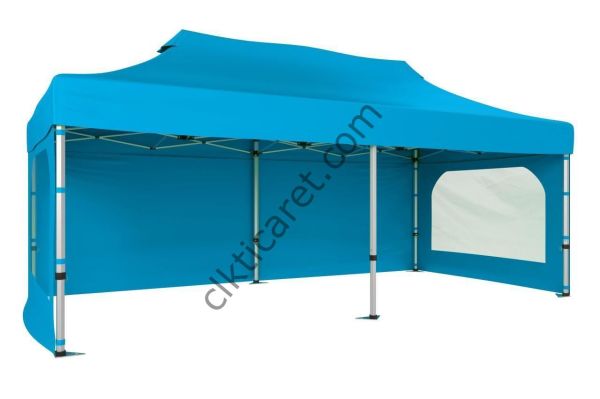 CLK 3x6 52mm Kalın Alüminyum Katlanabilir Tente Gazebo Çadır 3 Yan Duvarlı 2 Pencereli Açık Mavi (Turkuaz)