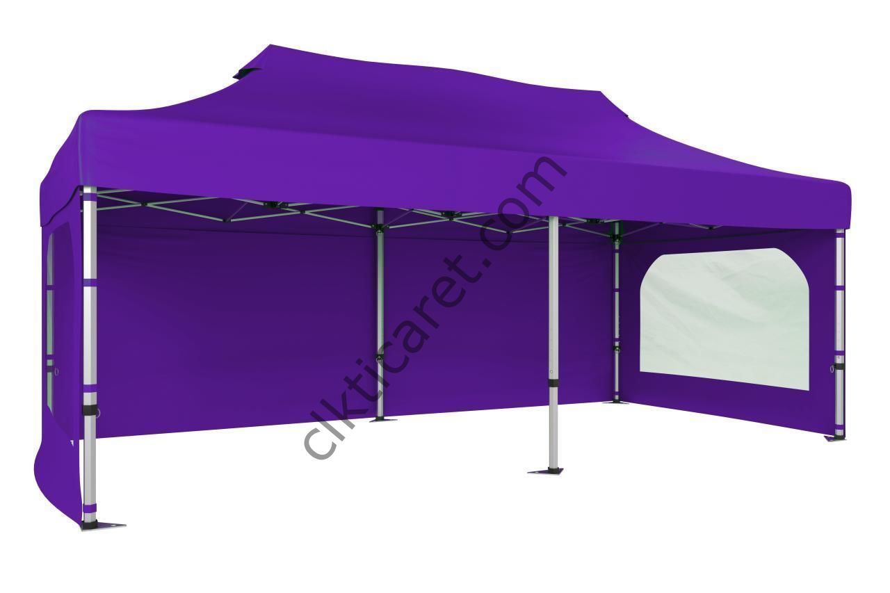 CLK 3x6 52mm Kalın Alüminyum Katlanabilir Tente Gazebo Çadır 3 Yan Duvarlı 2 Pencereli Mor
