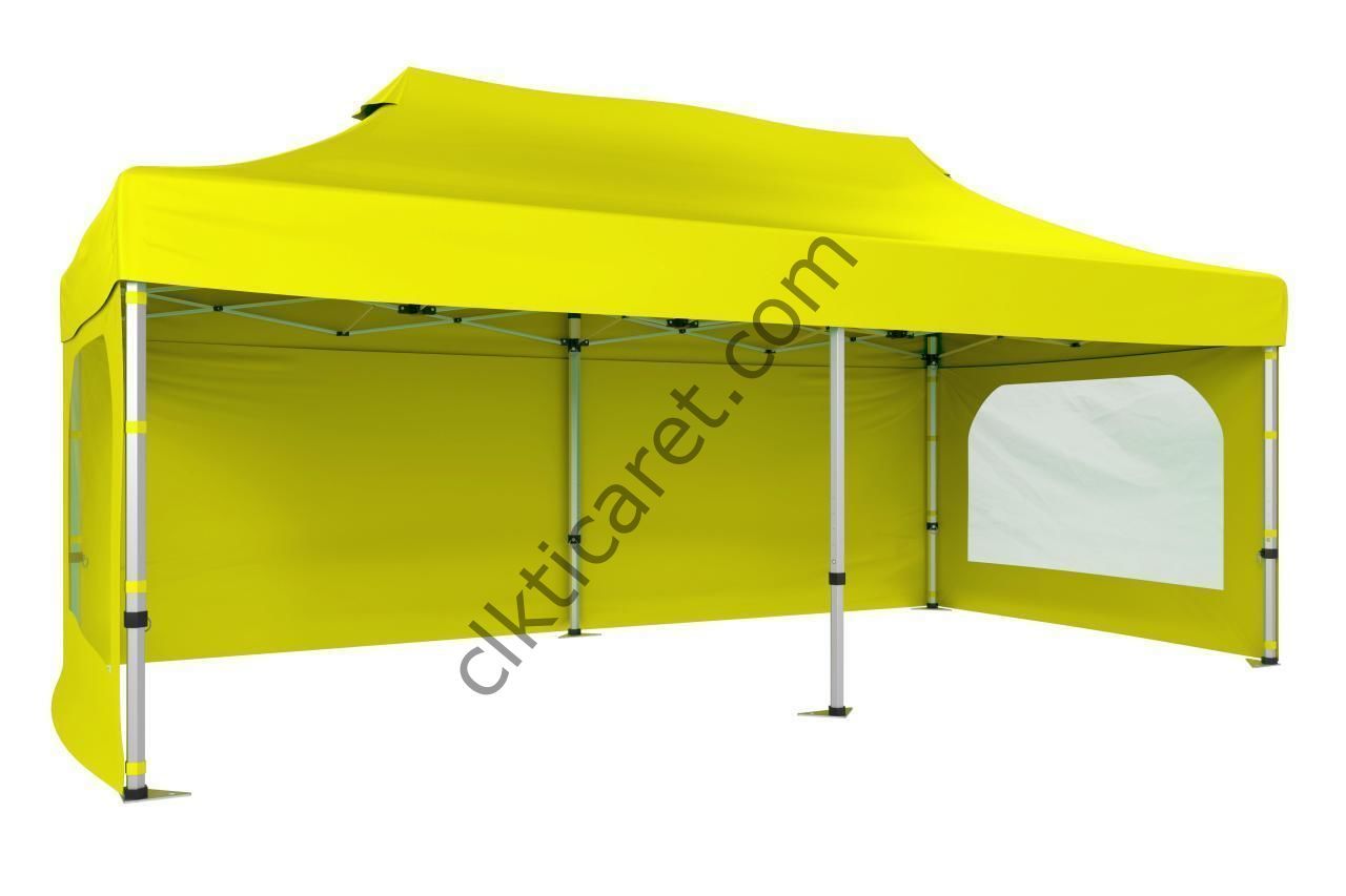 CLK 3x6 52mm Kalın Alüminyum Katlanabilir Tente Gazebo Çadır 3 Yan Duvarlı 2 Pencereli Sarı