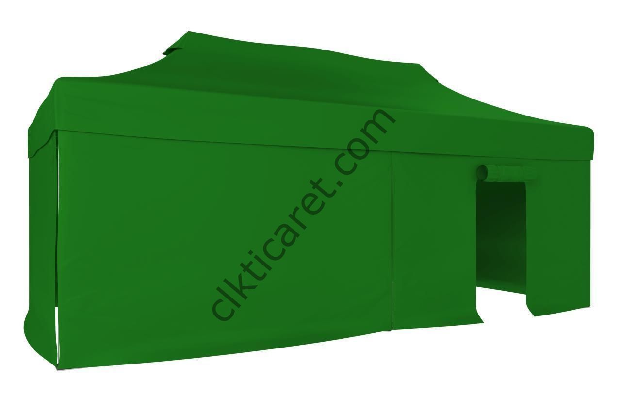 CLK 3x6 52mm Kalın Alüminyum Katlanabilir Tente Gazebo Çadır 3 Yan Kapalı 1 Kapılı Benetton Yeşil