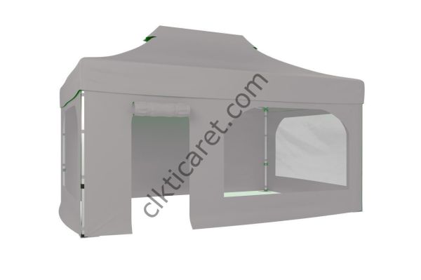 CLK 3x4,5 52mm Kalın Alüminyum Katlanabilir Tente Gazebo Çadır 4 Kenar Kapalı Takım Pencereli Kapılı Açık Gri