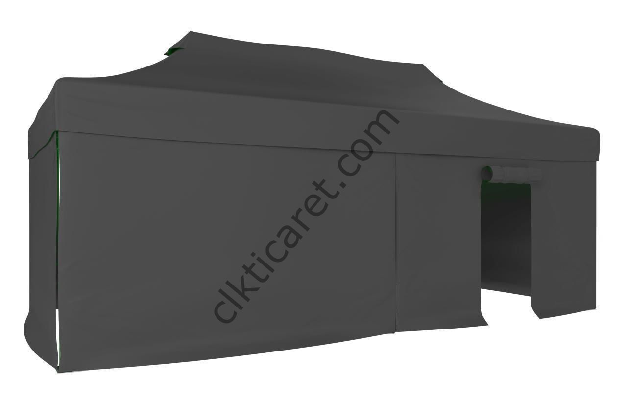 CLK 3x6 52mm Kalın Alüminyum Katlanabilir Tente Gazebo Çadır 3 Yan Kapalı 1 Kapılı Gri
