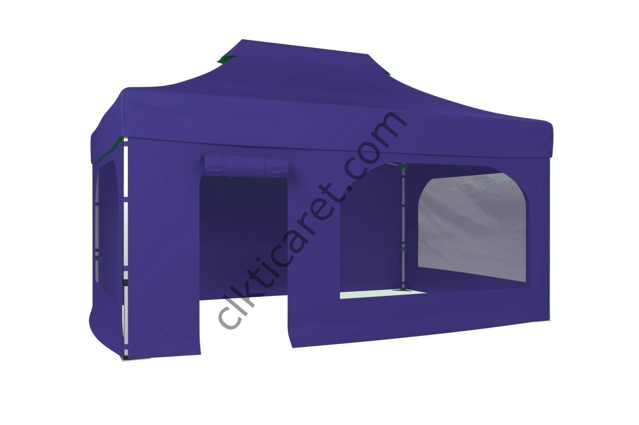 CLK 3x4,5 52mm Kalın Alüminyum Katlanabilir Tente Gazebo Çadır 4 Kenar Kapalı Takım Pencereli Kapılı Lacivert