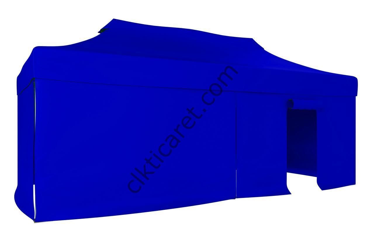 CLK 3x6 52mm Kalın Alüminyum Katlanabilir Tente Gazebo Çadır 3 Yan Kapalı 1 Kapılı Saks Mavi