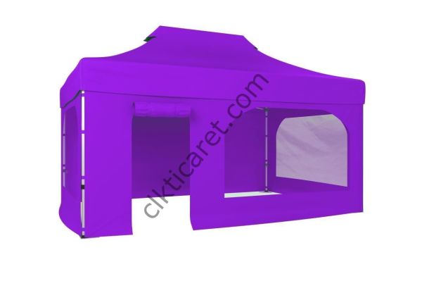 CLK 3x4,5 52mm Kalın Alüminyum Katlanabilir Tente Gazebo Çadır 4 Kenar Kapalı Takım Pencereli Kapılı Lila