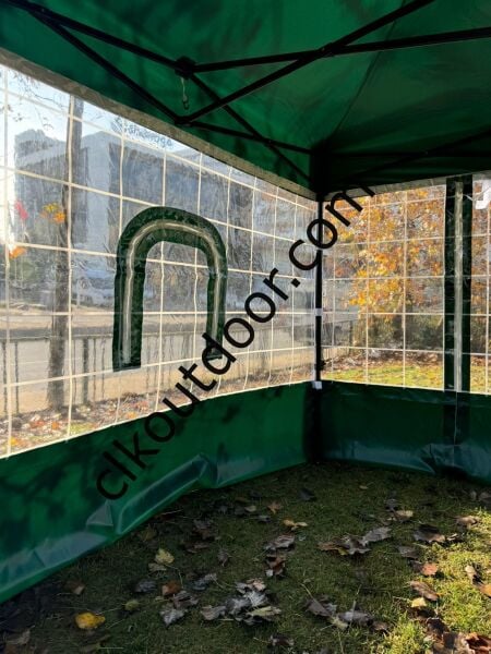 CLK 3x3 Gazebo Kış Bahçesi Portatif Katlanabilir Karavan Çadırı Kareli Dekoratif Çizgili Şeffaf Brandalı Tente