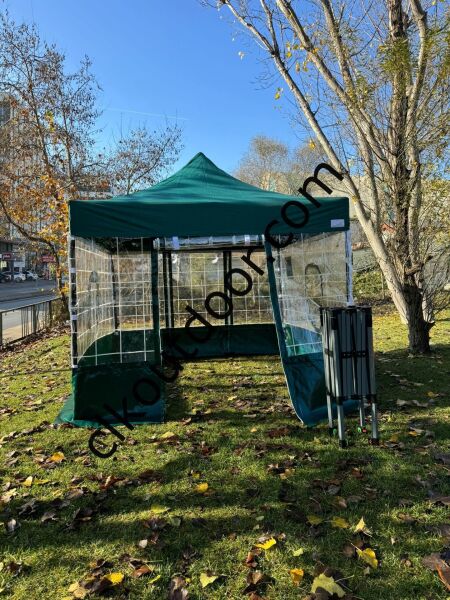 CLK 3x3 Gazebo Kış Bahçesi Portatif Katlanabilir Karavan Çadırı Kareli Dekoratif Çizgili Şeffaf Brandalı Tente