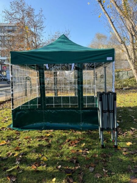 CLK 3x3 Gazebo Kış Bahçesi Portatif Katlanabilir Karavan Çadırı Kareli Dekoratif Çizgili Şeffaf Brandalı Tente