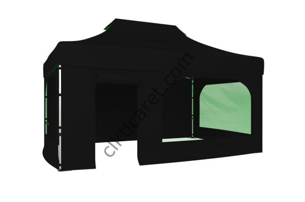 CLK 3x4,5 52mm Kalın Alüminyum Katlanabilir Tente Gazebo Çadır 4 Kenar Kapalı Takım Pencereli Kapılı Siyah