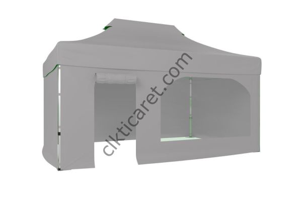 CLK 3x4,5 52mm Kalın Alüminyum Katlanabilir Tente Gazebo Çadır 4 Kenar Kapalı Kapı ve Pencereli Açık Gri