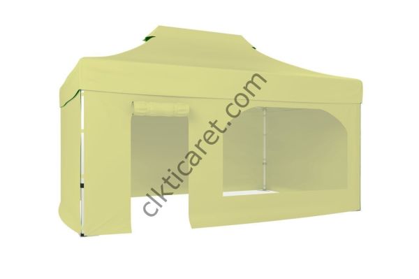 CLK 3x4,5 52mm Kalın Alüminyum Katlanabilir Tente Gazebo Çadır 4 Kenar Kapalı Kapı ve Pencereli Krem