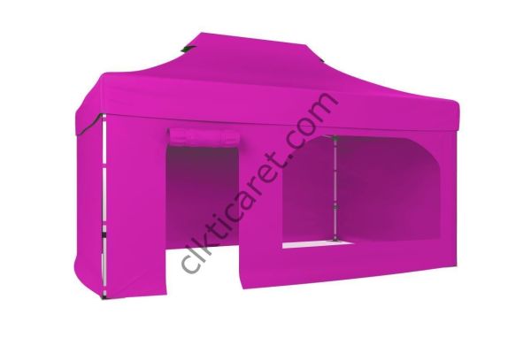 CLK 3x4,5 52mm Kalın Alüminyum Katlanabilir Tente Gazebo Çadır 4 Kenar Kapalı Kapı ve Pencereli Pembe