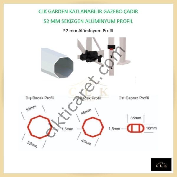 CLK 3x6 52mm Kalın Alüminyum Katlanabilir Tente Gazebo Çadır 1 Tam Duvar 2 Yarım Duvar Açık Yeşil