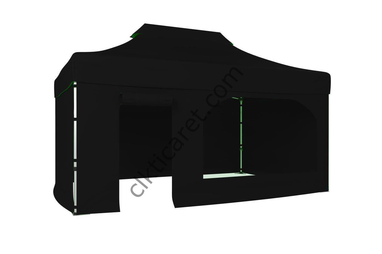 CLK 3x4,5 52mm Kalın Alüminyum Katlanabilir Tente Gazebo Çadır 4 Kenar Kapalı Kapı ve Pencereli Siyah
