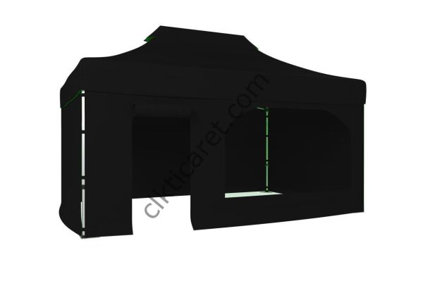 CLK 3x4,5 52mm Kalın Alüminyum Katlanabilir Tente Gazebo Çadır 4 Kenar Kapalı Kapı ve Pencereli Siyah