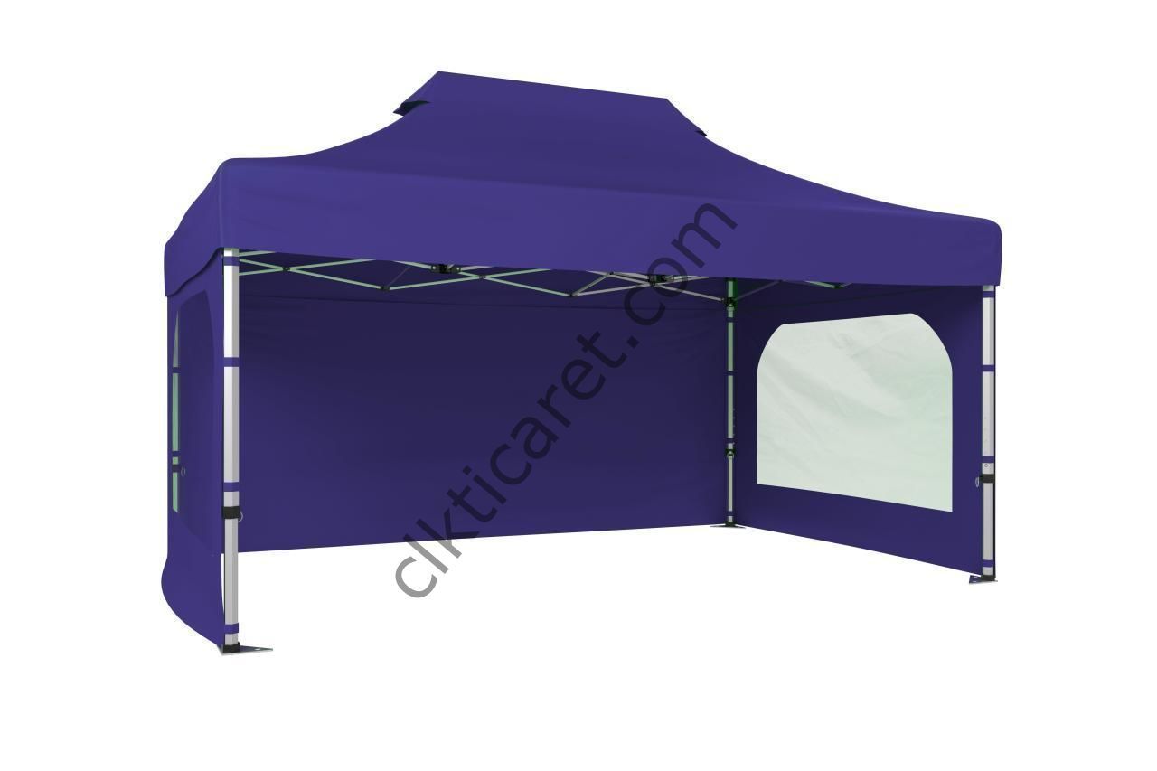 CLK 3x4,5 52mm Kalın Alüminyum Katlanabilir Tente Gazebo Çadır 3 Kenar Kapalı 2 Camlı Lacivert
