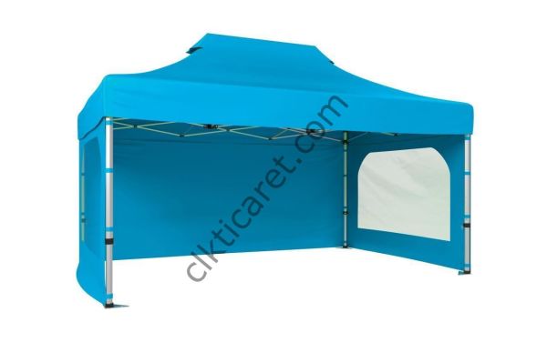 CLK 3x4,5 52mm Kalın Alüminyum Katlanabilir Tente Gazebo Çadır 3 Kenar Kapalı 2 Camlı Açık Mavi (Turkuaz)