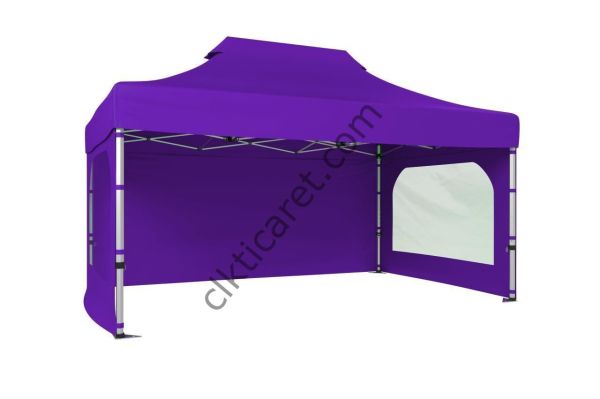 CLK 3x4,5 52mm Kalın Alüminyum Katlanabilir Tente Gazebo Çadır 3 Kenar Kapalı 2 Camlı Mor