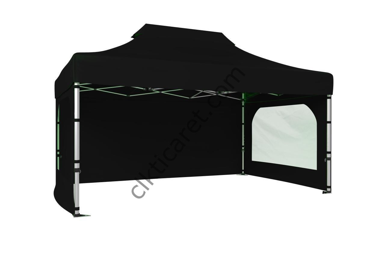 CLK 3x4,5 52mm Kalın Alüminyum Katlanabilir Tente Gazebo Çadır 3 Kenar Kapalı 2 Camlı Siyah