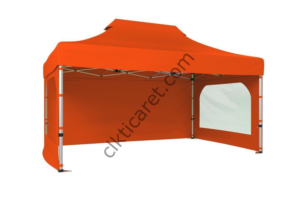 CLK 3x4,5 52mm Kalın Alüminyum Katlanabilir Tente Gazebo Çadır 3 Kenar Kapalı 2 Camlı Turuncu