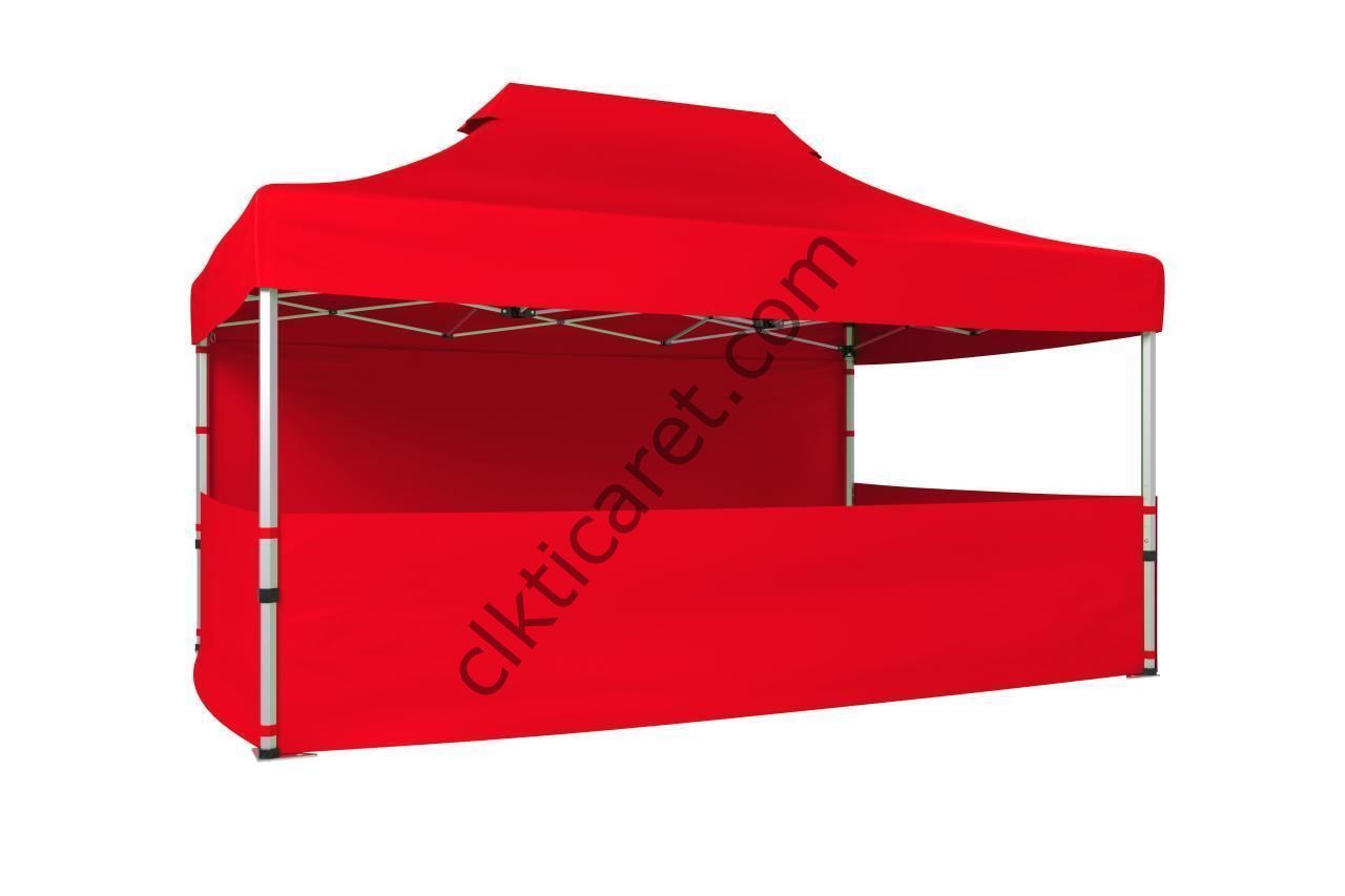 CLK 3x4,5 52mm Kalın Alüminyum Katlanabilir Tente Gazebo Çadır 4 Kenar Kapalı 3 Yarım Duvarlı Kırmızı