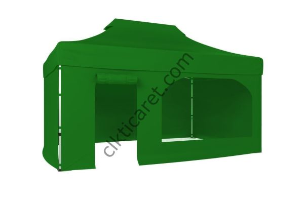 CLK 3x4,5 40mm Alüminyum Katlanabilir Tente Gazebo Çadır 4 Kenar Kapalı Kapı ve Pencereli Benetton Yeşil