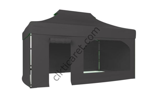 CLK 3x4,5 40mm Alüminyum Katlanabilir Tente Gazebo Çadır 4 Kenar Kapalı Kapı ve Pencereli Gri