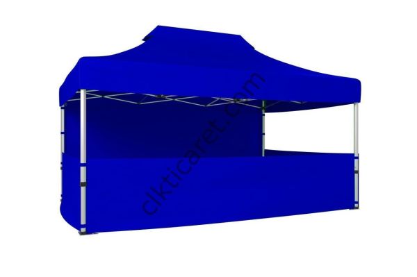 CLK 3x4,5 52mm Kalın Alüminyum Katlanabilir Tente Gazebo Çadır 4 Kenar Kapalı 3 Yarım Duvarlı Saks Mavi