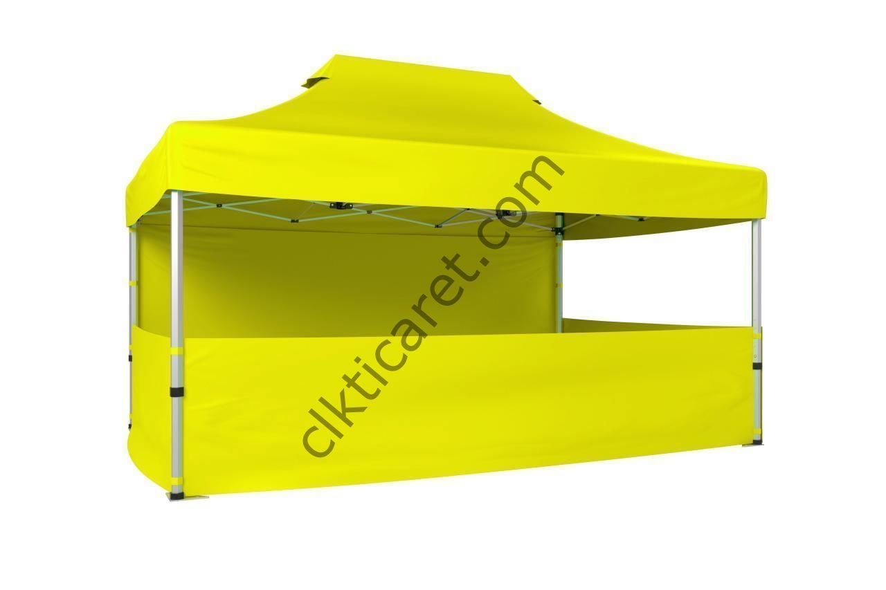 CLK 3x4,5 52mm Kalın Alüminyum Katlanabilir Tente Gazebo Çadır 4 Kenar Kapalı 3 Yarım Duvarlı Sarı