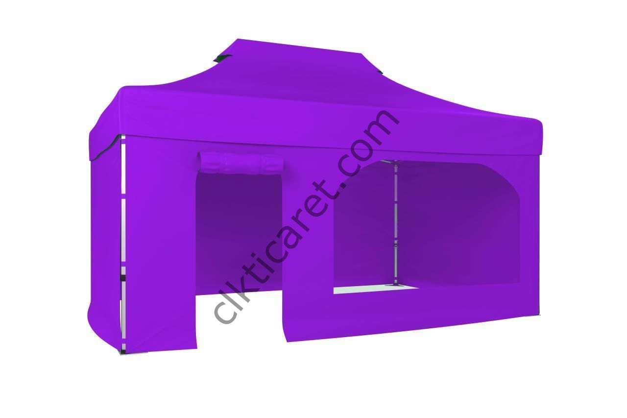 CLK 3x4,5 40mm Alüminyum Katlanabilir Tente Gazebo Çadır 4 Kenar Kapalı Kapı ve Pencereli Lila