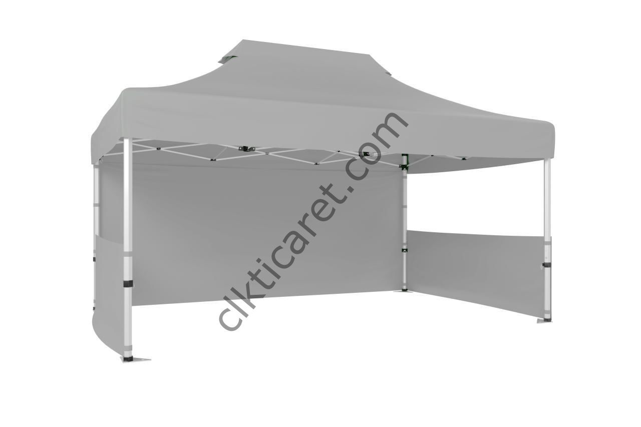 CLK 3x4,5 52mm Kalın Alüminyum Katlanabilir Tente Gazebo Çadır 3 Kenar Kapalı 2 Yarım Duvar Açık Gri
