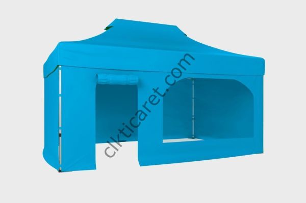 CLK 3x4,5 40mm Alüminyum Katlanabilir Tente Gazebo Çadır 4 Kenar Kapalı Kapı ve Pencereli Açık Mavi (Turkuaz)