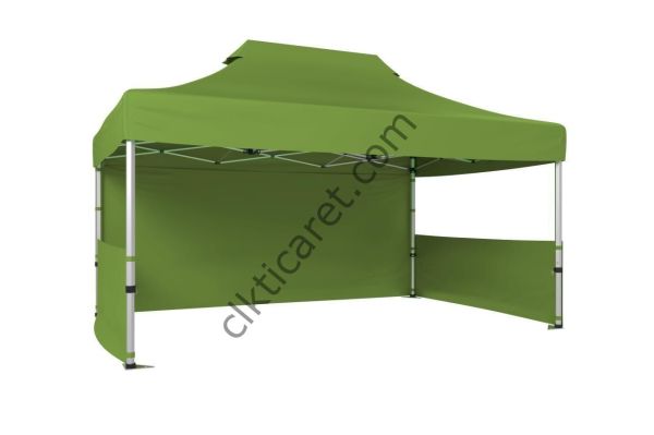 CLK 3x4,5 52mm Kalın Alüminyum Katlanabilir Tente Gazebo Çadır 3 Kenar Kapalı 2 Yarım Duvar Haki Askeri Yeşil